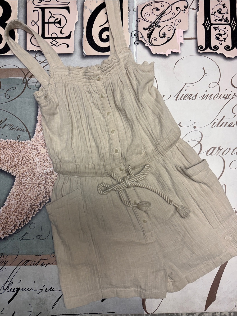 Roxy Cream Button-Front Romper with Rope Tie. 🆕